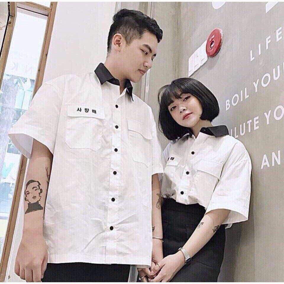 [Giá sốc] ÁO SƠ mi tay ngắn thêu chữ Hàn 2 Màu Trắng Đen Nam &amp; nữ form rộng dưới 65kg