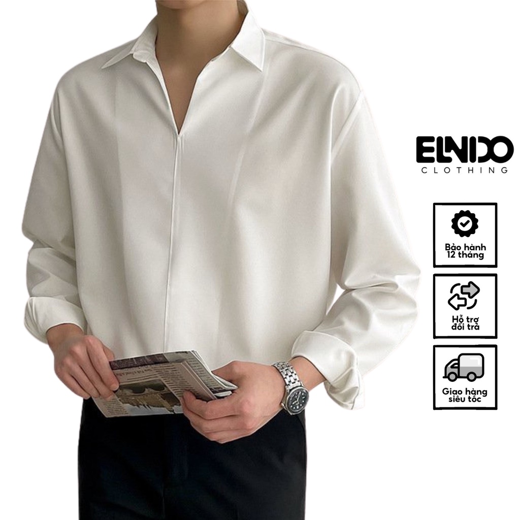 Áo sơ mi nam dài tay ELNIDO Dáng Rộng Phong Cách Hàn Quốc kiểu Cổ chữ V sang xịn chất vải lụa mềm mịn ELD-003