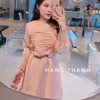 Váy đầm nữ ❤️freeship ❤️ váy nữ nhúm ngực tay bo - đầm nữ màu hồng tiểu thư