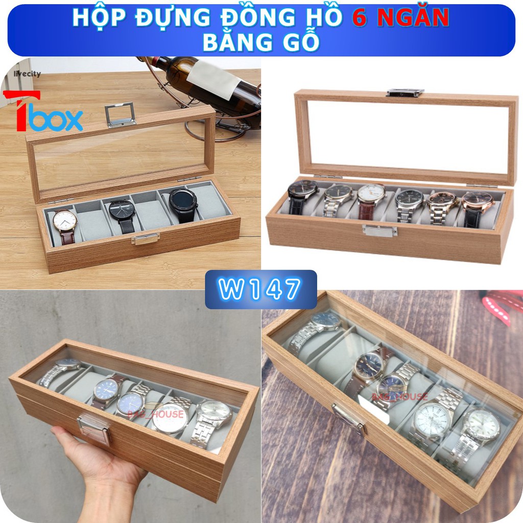 Hộp đựng Đồng hồ vân gỗ gồm 6 ngăn Hộp Đồng hồ nhiều ngăn mặt ngoài vân gỗ, trong bọc nỉ, mặt dưới vải nhung chống xước