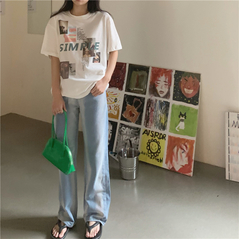 SUXI Áo thun tay ngắn cổ tròn dáng rộng phong cách cổ điển nữ tính