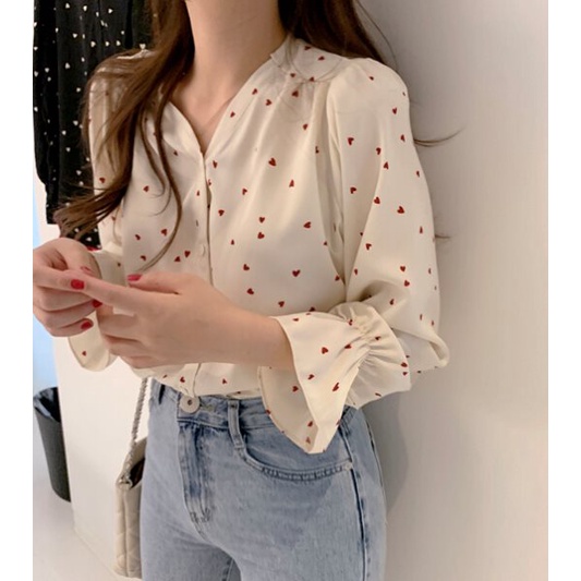 Áo sơ mi nữ Hàn Quốc Voan Hàng đầu In thường Áo sơ mi cổ V Áo sơ mi nữ Áo sơ mi voan dài tay