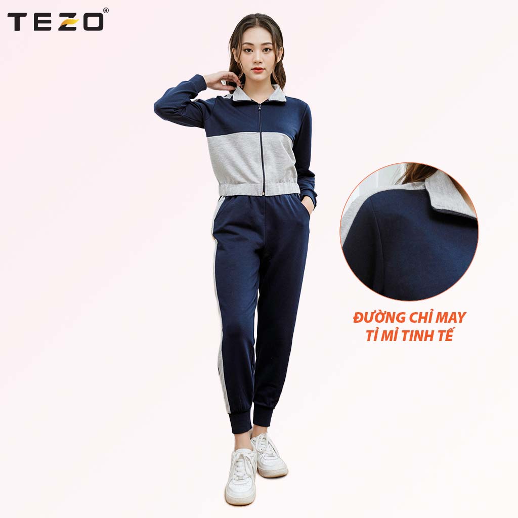 Bộ nỉ nữ TEZO tách lẻ quần hoặc áo nỉ chun kéo khoá không mũ hai màu mã 2112ANKK03