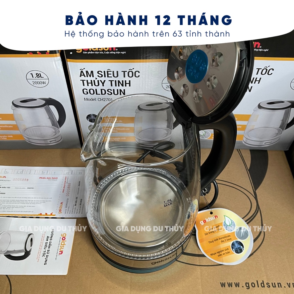 Ấm đun siêu tốc thủy tinh cao cấp Goldsun dung tích 1L8 chịu nhiệt cao, đun sôi nhanh không sinh chất độc hại CH2701