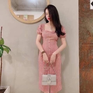 Váy kẻ caro tay phồng nút bọc (có ảnh thật)