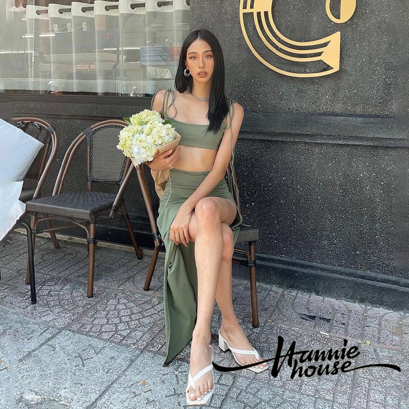 Set Áo 2 Dây Croptop + Chân Váy Dài Xẻ Tà Thời Trang Cho Nữ