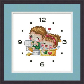 Tranh thêu chữ thập đồng hồ soda 2 em bé - in trên vải - Xartshop dh030