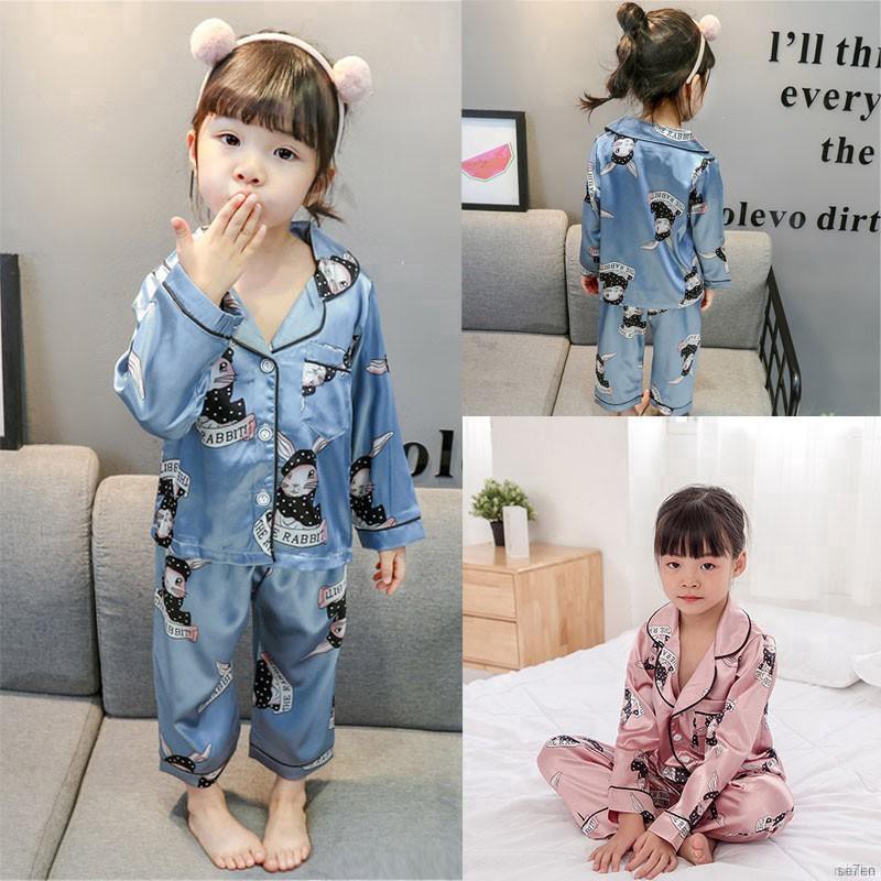 ruiaike  Kids Girls Boys Satin Silk Sleepwear Set Long Sleeve Cartoon Cat Print Button Blouse Tops + Pants Pajamas