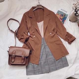 Set blazer nâu váy caro xám kèm ảnh thật