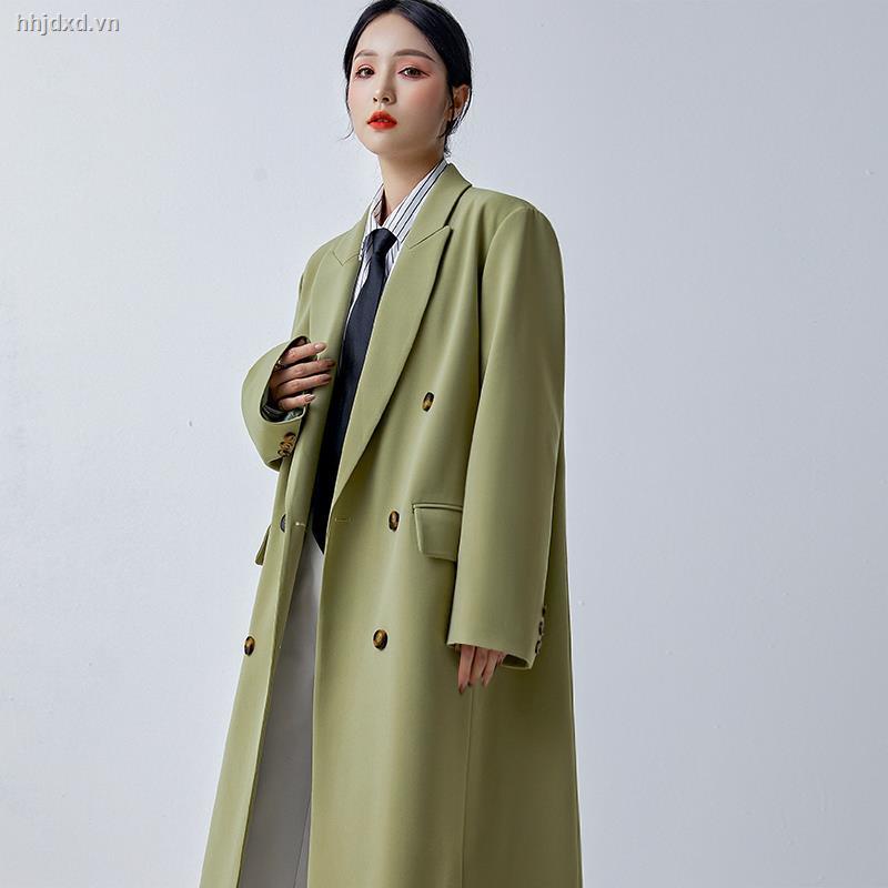 Áo khoác gió dáng dài màu xanh lá phong cách Hàn Quốc thời trang xuân thu mới 2021