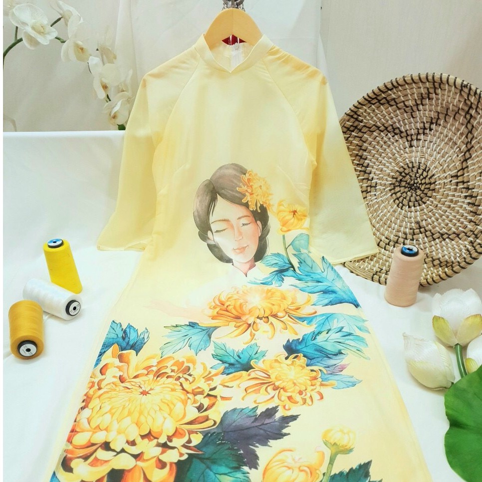 Áo Dài Cô Ba Họa Tiết Cô Gái Vàng ( Set Áo + Quần) | BigBuy360 - bigbuy360.vn