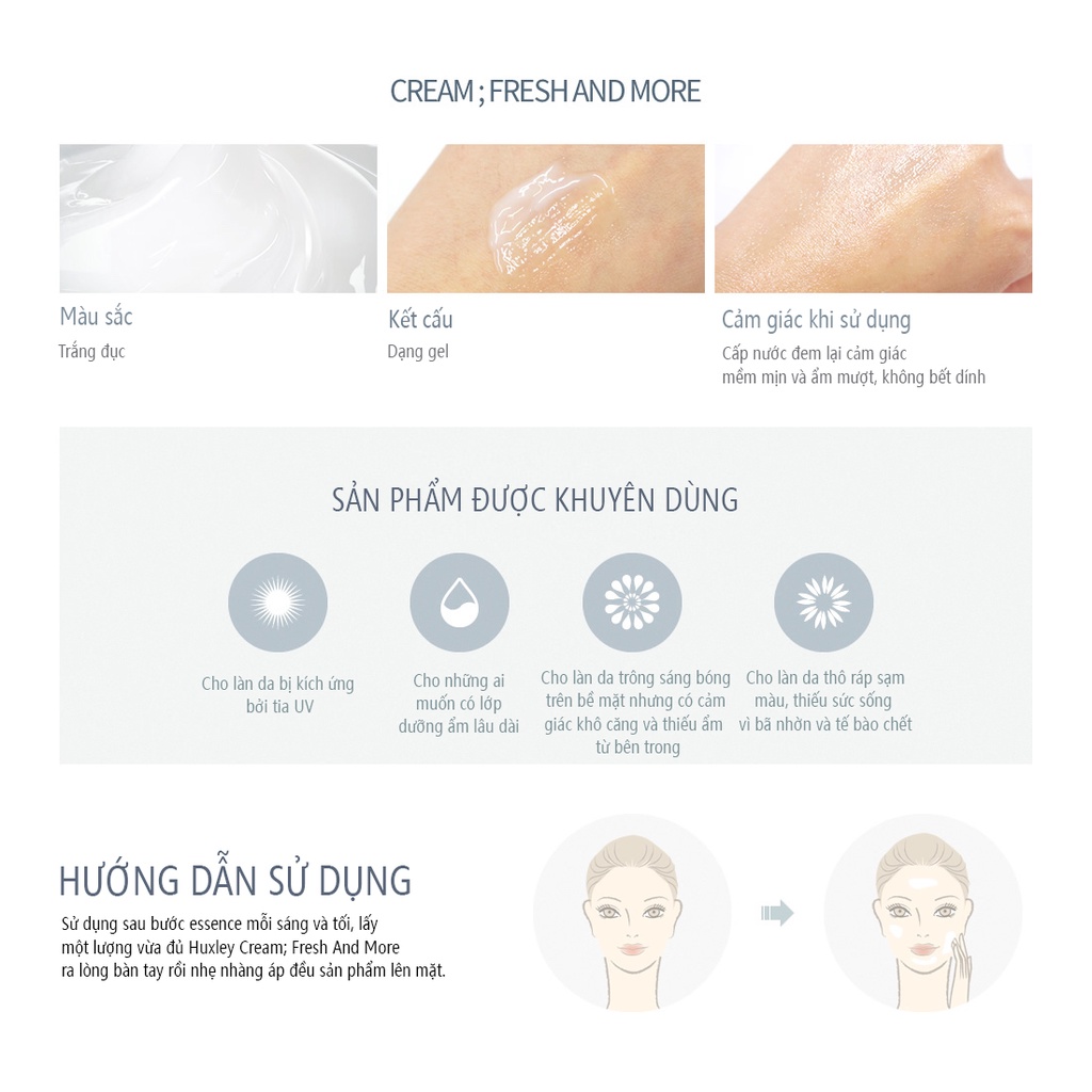 Kem Dưỡng Huxley Cấp Ẩm Da Dầu Fresh &amp; More​ Cream Giúp Phục Hồi Da Chính Hãng Hàn Quốc 50ml (Tách Set)