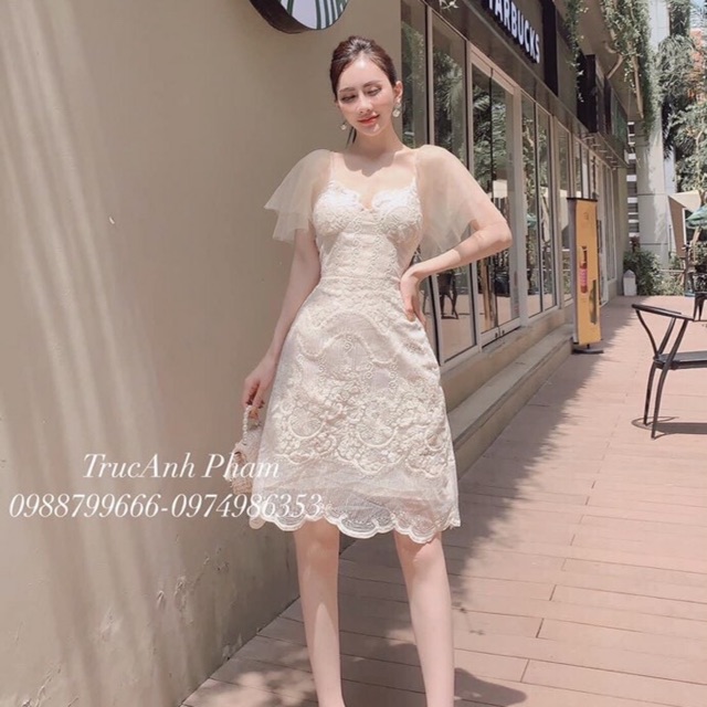 Có clip -Gv đầm xoè ren Nude vàng tay lưới