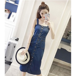 Đầm Yếm Jean Nữ Form Dài Nút Cài Dọc