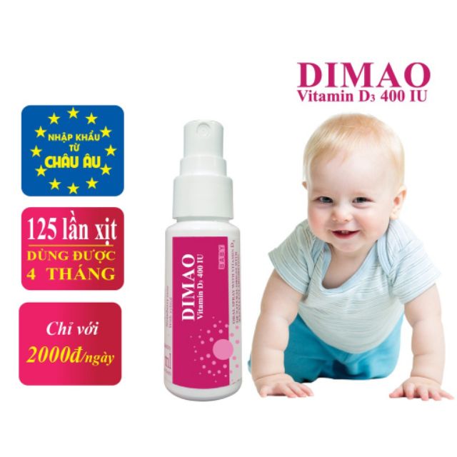 Dimao - Vitamin D3 Dạng Xịt 400IU, Hàng Nhập Khẩu Châu Âu, Hương Dâu, Hiệu Quả Và Hấp Thu Tốt