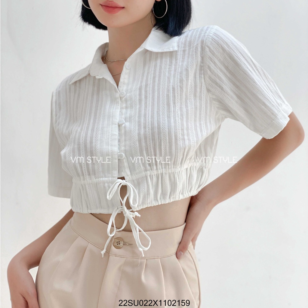Áo sơ mi tay ngắn VM Shop eo rút 2 nơ crop, áo kiểu nữ thời trang ulzzang Hàn Quốc ASU00010