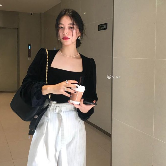 Áo Sơ Mi Tay Dài Cổ Vuông Dáng Ôm Quyến Rũ Trẻ Trung Phong Cách Hàn Quốc Cho Nữ