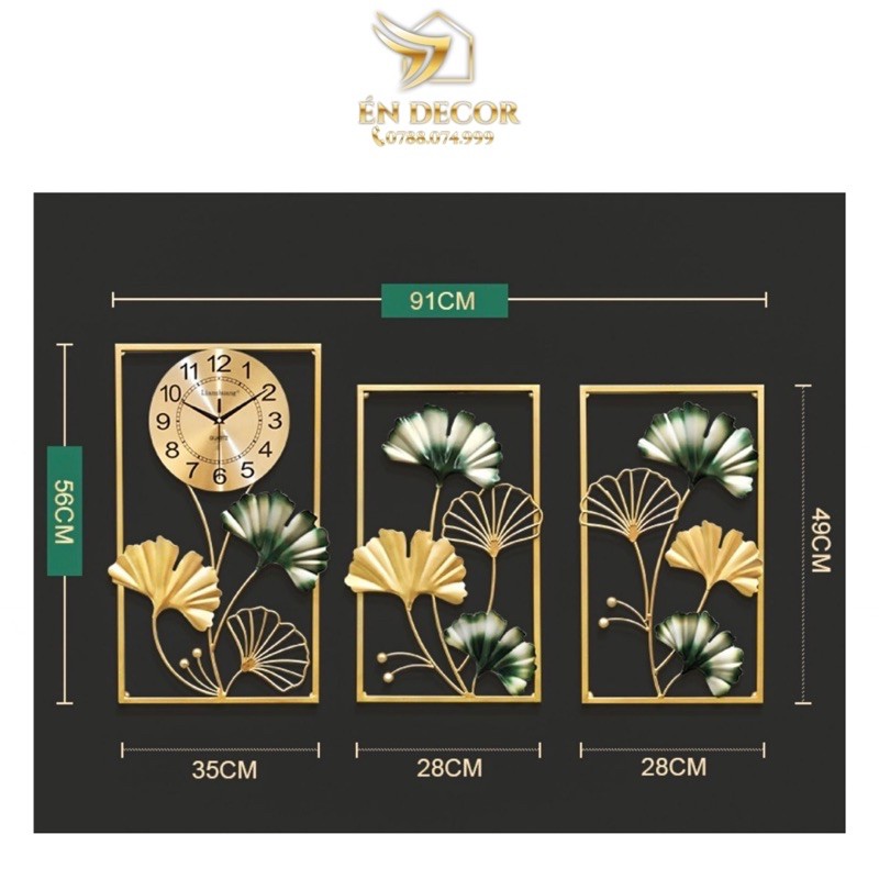 Đồng Hồ Treo Tường, Đồng Hồ Trang Trí, 3 Bức Lá Ngân Hạnh Kim Trôi Thép Tĩnh Điện Én Decor