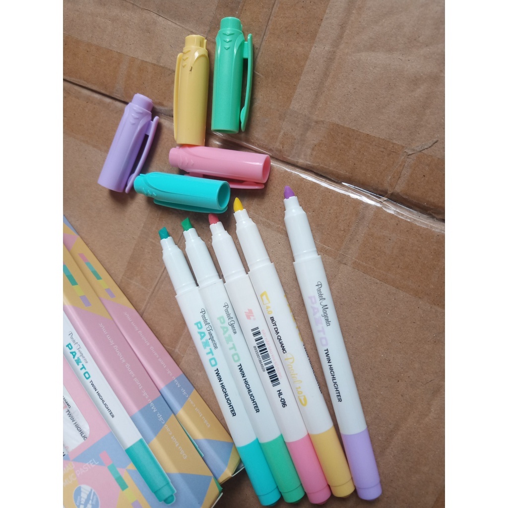 Combo 5 cây (1 hộp) - Bút dạ quang 2 đầu màu Pastel TL Pazto HL-016 - Rửa được - Không để lại vết khi photocopy