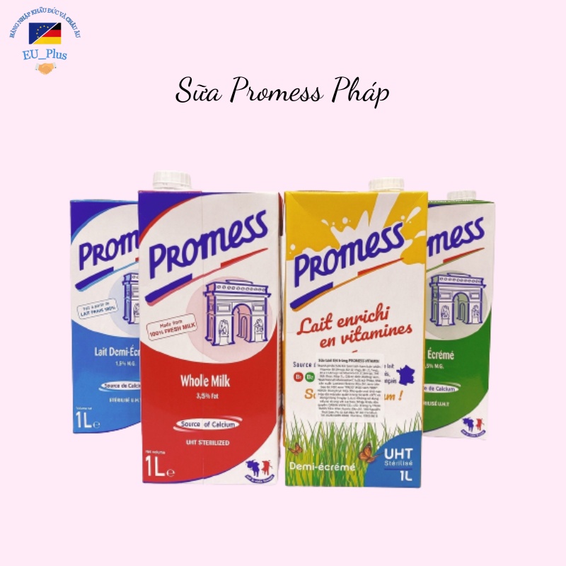 Thùng 6 hộp Sữa tươi không đường Promess 1 lít - Pháp: tách béo, nguyên kem, tăng canxi
