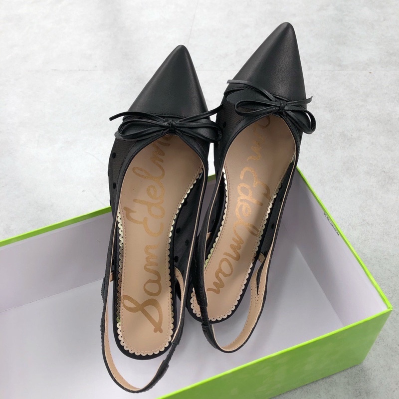 Giày búp bê mũi nhọn có quai đính nơ nhỏ gót 4cm da thật cao cấp thương hiệu Sam Edelman