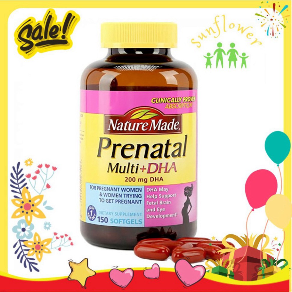 XẢ KHO THANH LÝ Vitamin tổng hợp bầu Nature Made Prenatal Multi + DHA, Mỹ (150v) bổ sung dinh dưỡng, DHA cho mẹ bầu và s