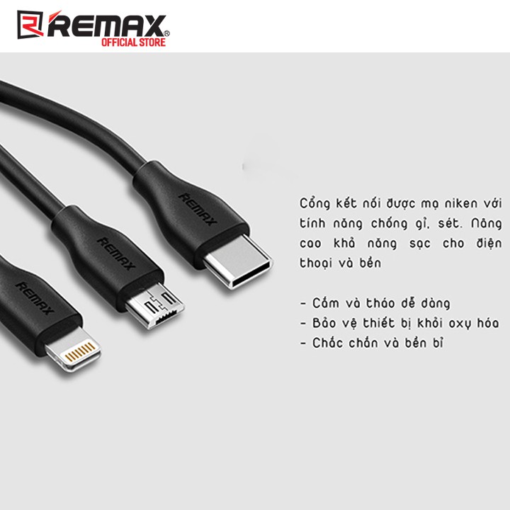 Cáp sạc nhanh Remax SUDA 3 in 1 RC-109TH cổng MicroUSB, Lightning, Type C (Đen, Trắng)