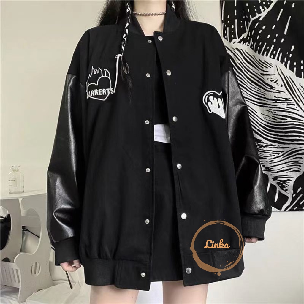 Áo Bomber Nỉ Phối Tay Da Hình Trái Tim Lar, Áo Khoác Nỉ Nam Nữ Form Rộng 721