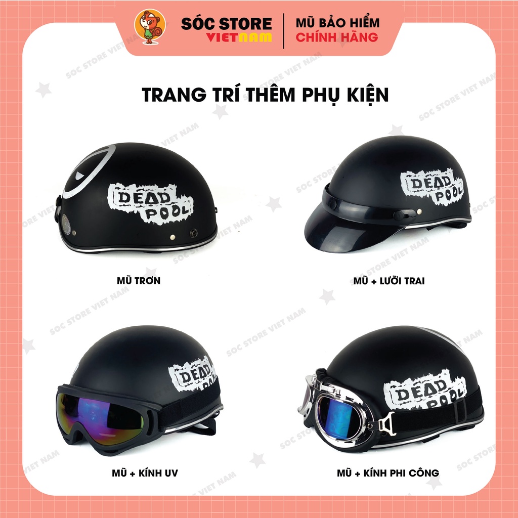 Mũ bảo hiểm nửa đầu in hình Deadpool Trắng Sóc Store, nón bảo hiểm nam nữ 1 phần 2, kèm kính UV, kính phi công