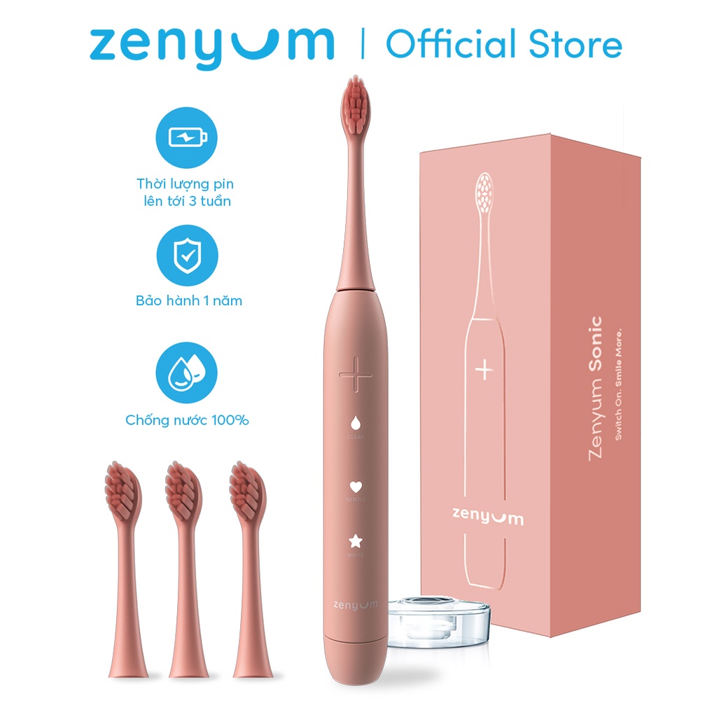 [Mã FMCGMALL -8% đơn 250K] [Chính hãng] Bộ Bàn Chải ZenyumSonic &amp; 3 Đầu Thay Thế - Hồng San Hô - Công nghệ Singapore