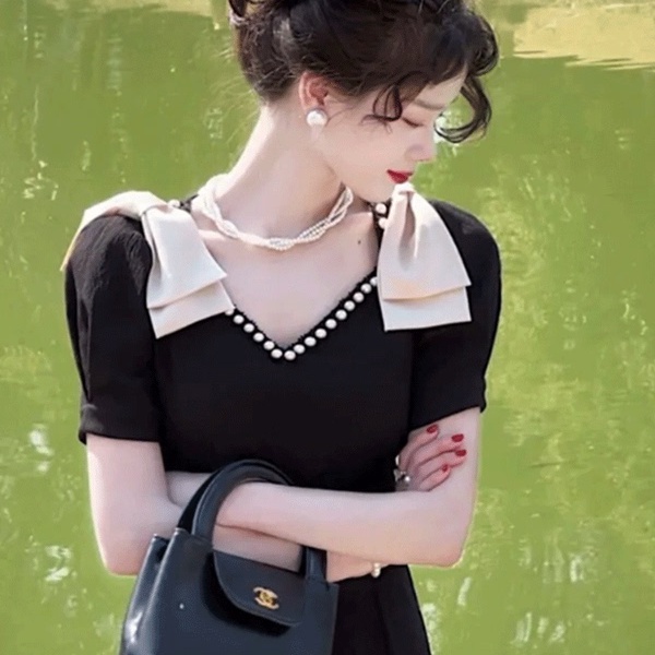 Đầm Đen Dáng Dài Thắt Nơ Phong Cách Pháp Cổ Điển Thời Trang Mùa Hè Xinh Xắn