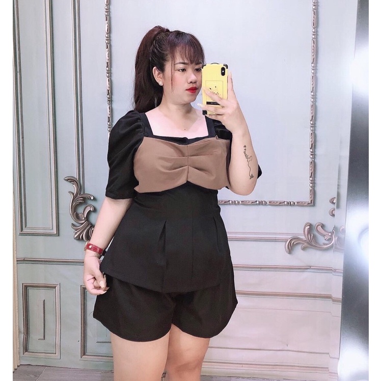 [Shop bigsize nữ 50kg-90kg] Set áo peplum nơ mix short - SNO