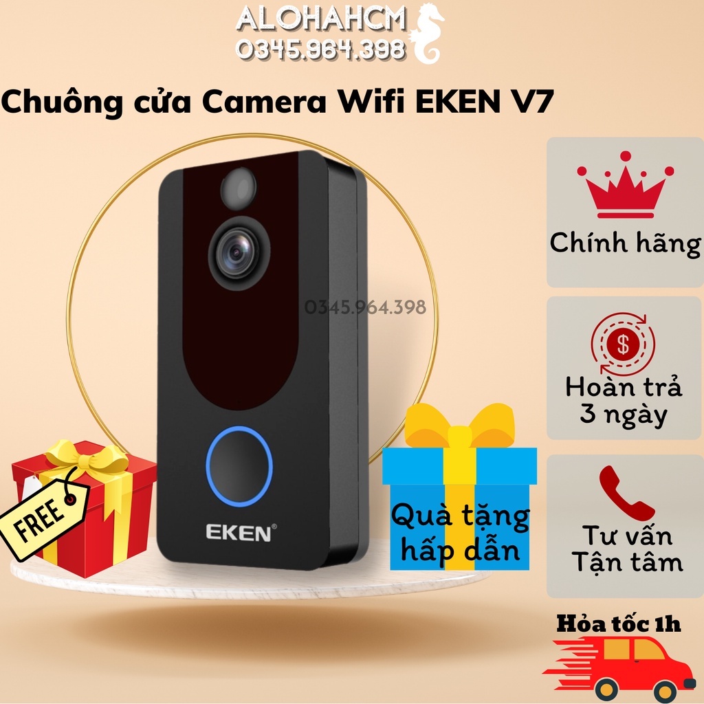 EKEN Camera Chuông Cửa Video WiFi Thông Minh V7 HD 1080P Chuông Cửa IP Tầm Nhìn Ban Đêm, Camera An Ninh Không Dây