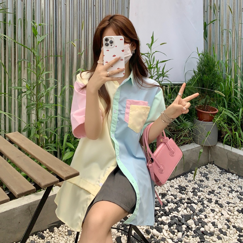 Áo sơ mi ZHELIHANGFEI tay ngắn dáng rộng màu macaron thời trang dành cho nữ