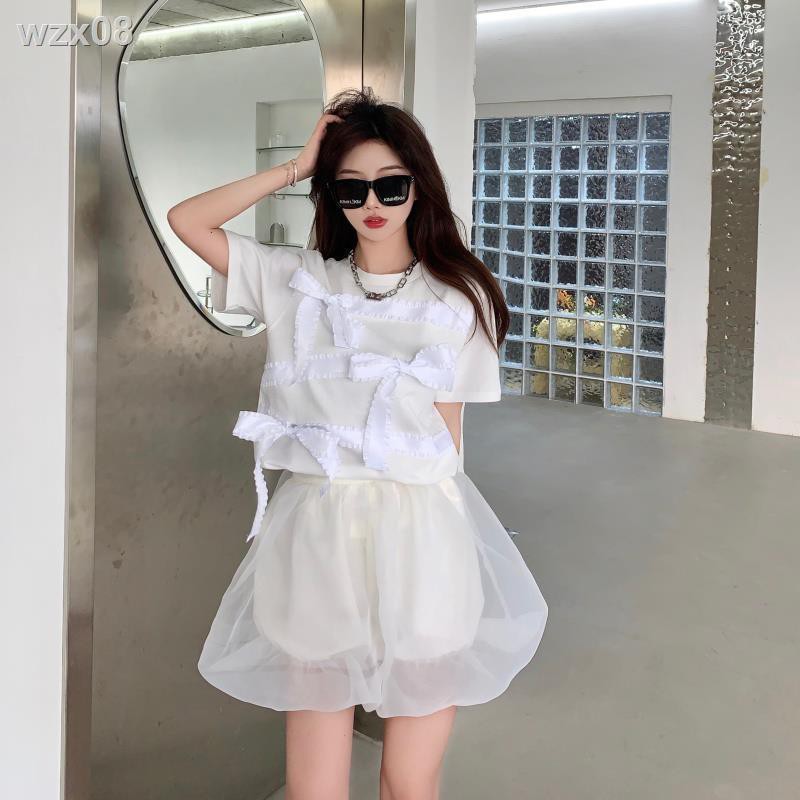 Áo blouse ngắn tay thắt nơ nữ xuân hè phong cách mới Phiên bản Hàn Quốc của sợi lưới thời trang là xu hướng váy