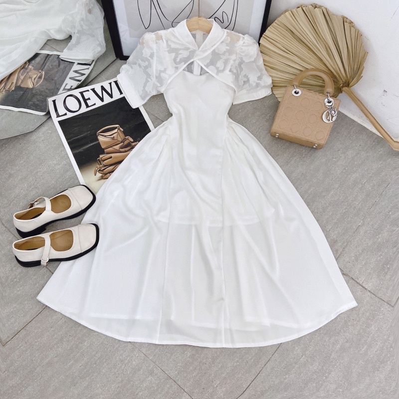 Set nữ đầm midi 2s trắng+ crop voan hoa nổi cổ tàu diện sang chảnh kèm ảnh thật