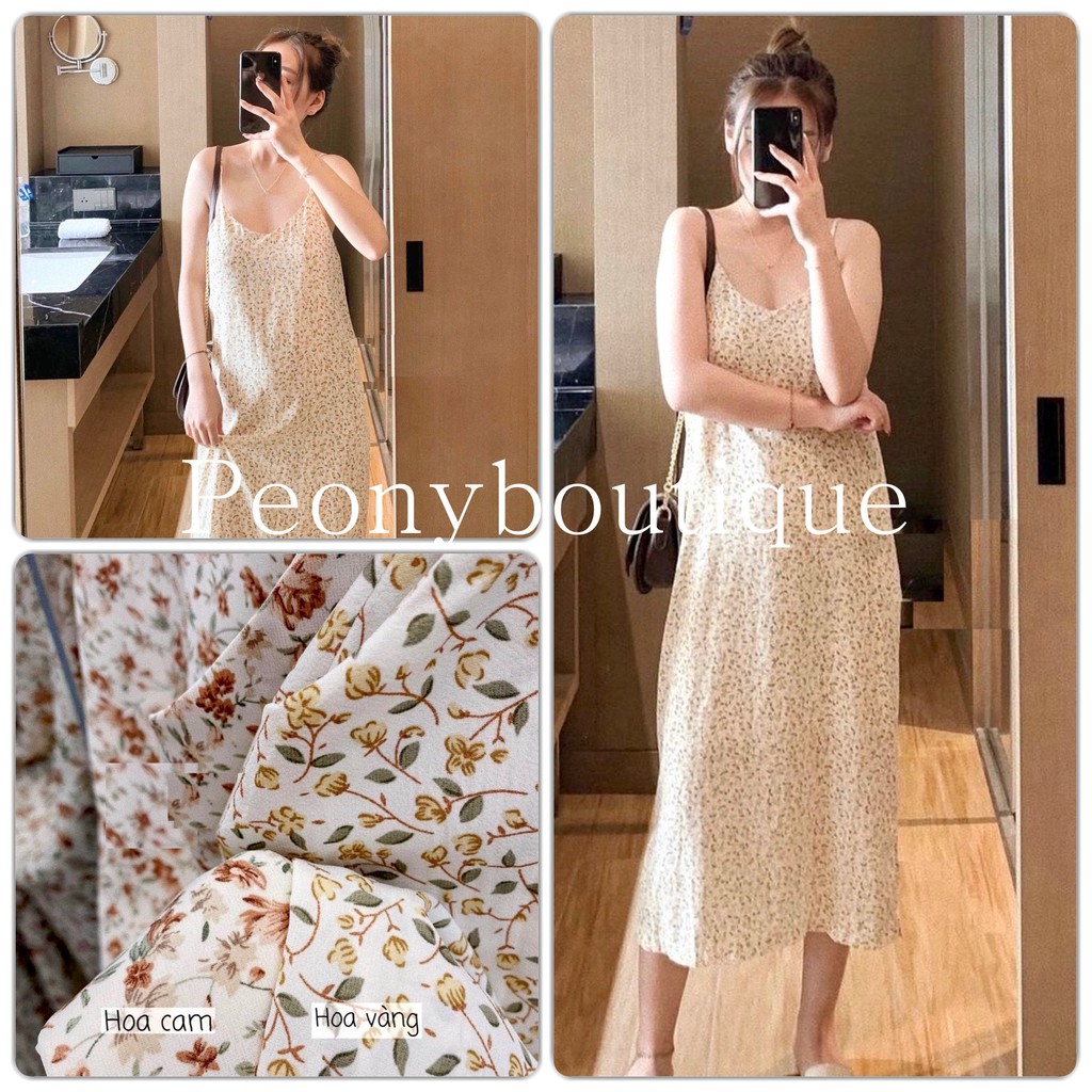 Váy 2 Dây Hoa Nhí Cam PEONYB Nữ [FREESHIP] 🌸 Đầm midi maxi mặc đi biển, dáng suông dài cổ tim bánh bèo Ulzzang 🌸 | BigBuy360 - bigbuy360.vn