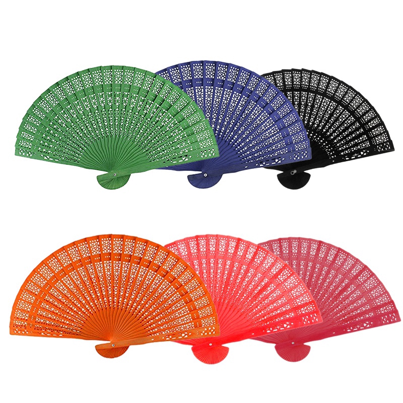 Quạt gập bỏ túi màu đen chất liệu gỗ 20.32 cm họa tiết hoa