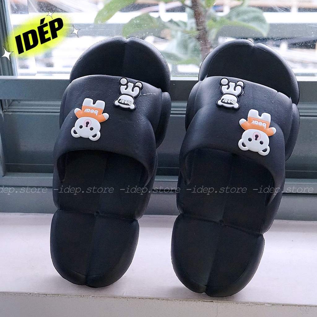 𝐢𝐃É𝐏 𝐃𝐋𝟐𝟕𝟕 Dép sâu, Dép nữ quai ngang gắn ticker gấu cute đế bánh mì đám mây cực êm