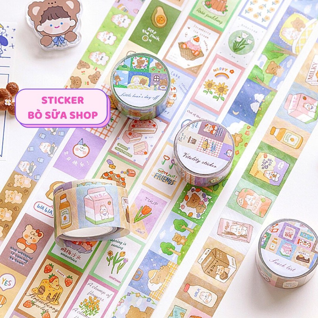 Sticker 5 mét siêu dài Phiên bản giới hạn, cuộn washi tape băng keo trang trí nhiều hình cực đáng yêu