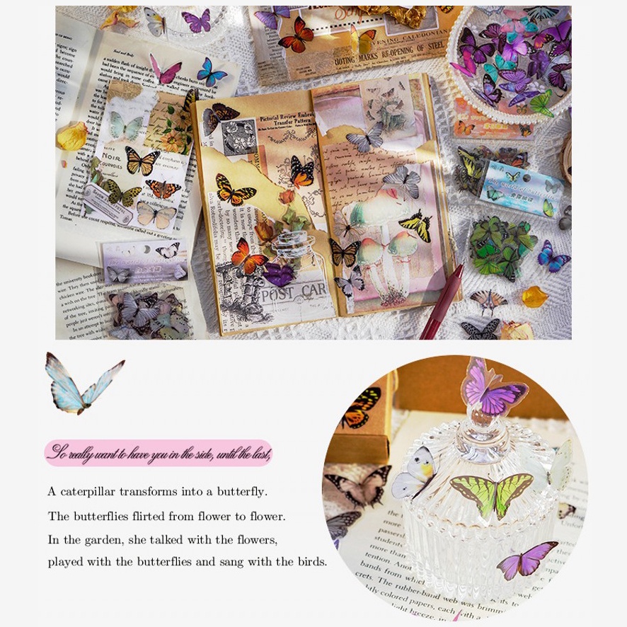 Bộ 40 Miếng Dán PET Trong Suốt Tự Dính Hình Bướm Vintage Màu Xanh Dương / Tím / Xanh Lá / Hồng / Trắng / Xanh Lá / Trắng /