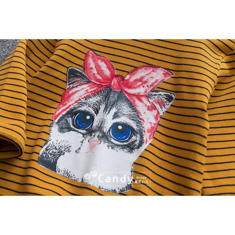 Áo thu đông bé gái kẻ ngang hình mèo size 10-23kg