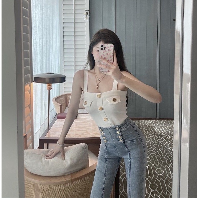 Áo hai dây dệt kim in chữ phong cách mới cho n