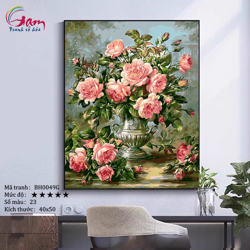 Tranh số hoá tự tô màu Gam hoa sơn trà đỏ căng khung 40x50cm BH0049G