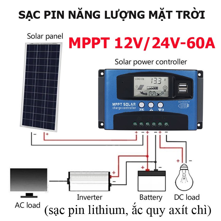 Bộ điều khiển sạc pin năng lượng mặt trời công suất 60A MPPT sạc pin lithium- ắc quy axit chì