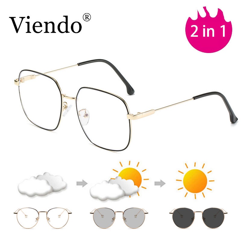 Kính cận VIENDO gọng vuông kim loại mắt vuông đổi màu chống ánh sáng xanh chống tia UV cao cấp thời trang cho nam và nữ
