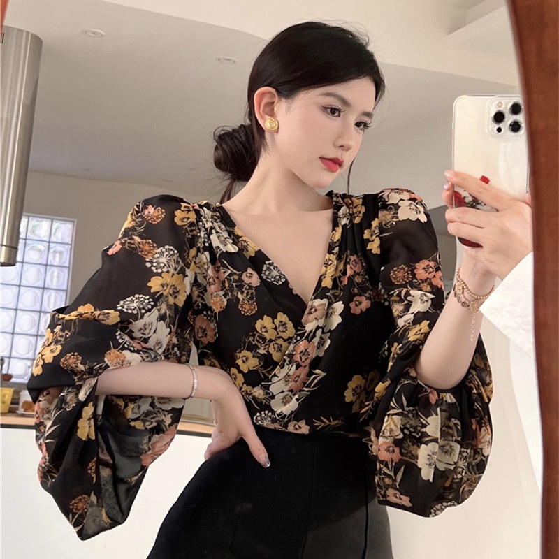 Áo Chiffon Ngắn Tay Phồng In Họa Tiết Thời Trang Mùa Hè Quyến Rũ Cho Nữ