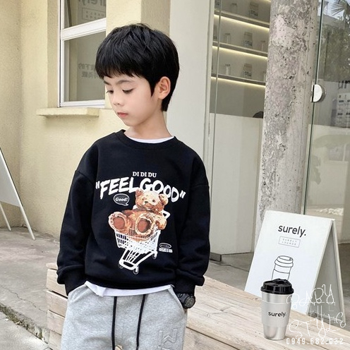 Áo sweater &quot;FEEL GOOD&quot; 14-45kg cho bé trai, bé gái 4-15 tuổi. Vải nỉ da cá thu đông co giãn, dày dặn. B37