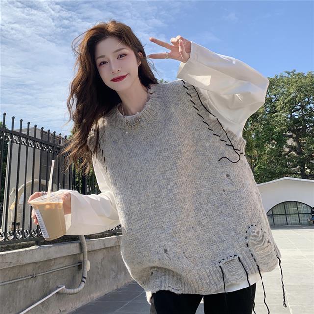 Bộ Áo Dệt Kim Sát Nách + Áo Sơ Mi Cổ Tròn Dáng Rộng Xinh Xắn Cho Nữ