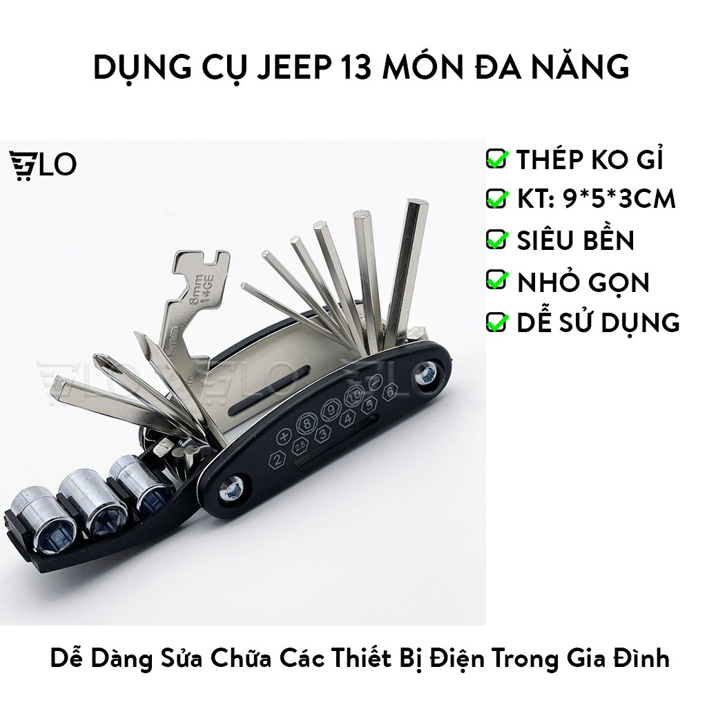 Dụng Cụ Jeep 13 Món Đa Năng Gồm Cờ Lê, Lục Giác, Tua Vít, Sửa Chữa Xe Đạp